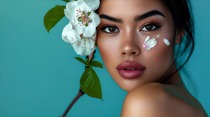 A woman with white flowers on her face.