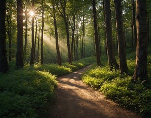 Experience the magic of a countryside forest path illuminated by dappled sunlight.