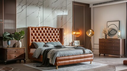 A bedroom with a luxurious, leather-upholstered bed, a stylish dresser, and a modern, floor lamp