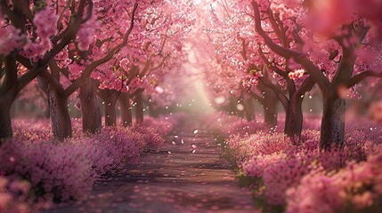 Cherry Orchard in Blossom: As spring arrives, a cherry orchard comes to life with pink blossoms, creating a breathtaking scene as the delicate petals flutter in the breeze