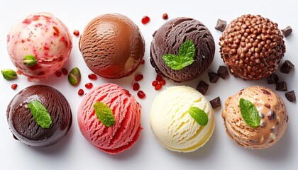 Top view of various ice cream balls over white background