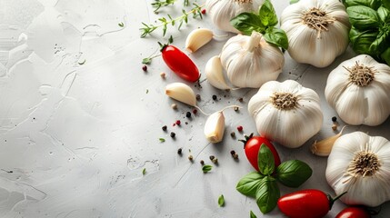 Various fresh organic garlic bulbs and cloves with dried spices and herbs on whitewashed rustic background.