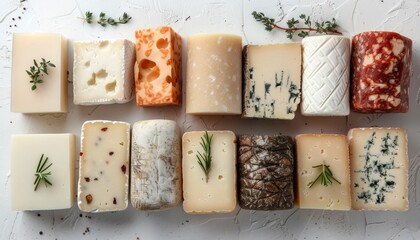 Various types of cheese with herbs and spices on a white stone background.