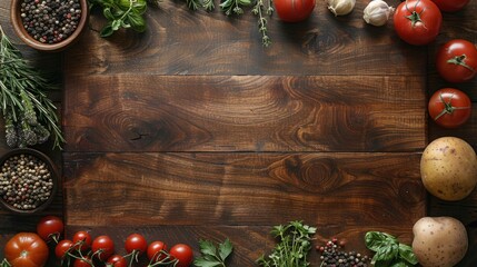 Various vegetables and spices on a wooden background.