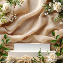 White podium with cream silk and flowers.