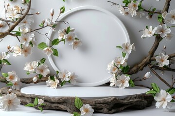 White podium with natural branches of blossoming magnolia flowers.