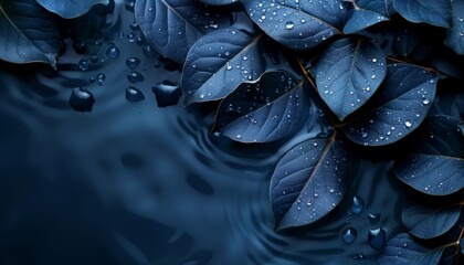Close-up of raindrops on dark blue leaves with a blurred background.
