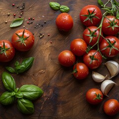 Fresh organic tomatoes with basil and garlic on wooden background.