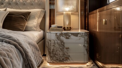 A bedroom with a luxurious, marble-topped bedside table, a sleek lamp, and a soft, cashmere throw