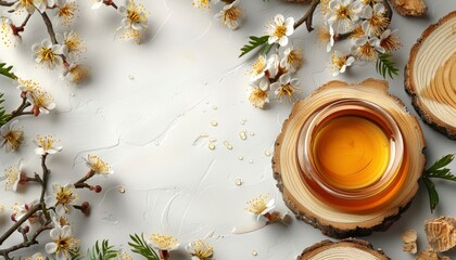 Jar of honey with dipper on wooden table surrounded by white flowers.