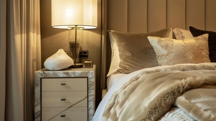 Fototapeta na wymiar A bedroom with a luxurious, marble-topped bedside table, a sleek lamp, and a soft, cashmere throw