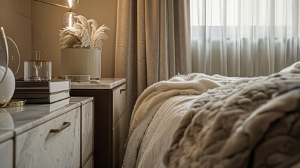 A bedroom with a luxurious, marble-topped bedside table, a sleek lamp, and a soft, cashmere throw