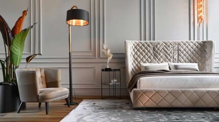 A bedroom with a luxurious, quilted velvet headboard, a stylish floor lamp, and a modern accent chair