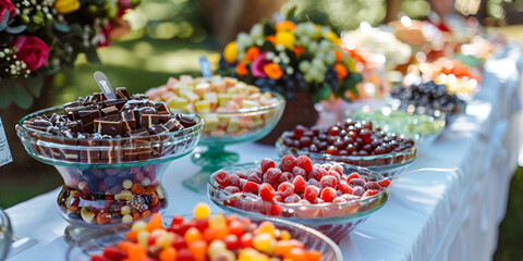 Delicious sweets on candy buffet Wedding Reception Dessert table for a party Ombre cake cupcakes sweetness 