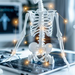 3D rendering of a human skeleton model with glowing energy on a table in a modern medical laboratory.