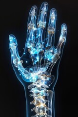Blue and white x-ray of a hand with bones, ligaments, and tendons.