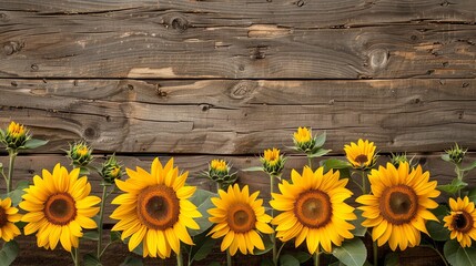 A Bright sunflowers arranged in a row on a rustic wooden plank background, bringing a touch of country charm