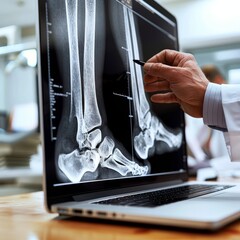 Doctor analyzing x-ray of broken ankle on laptop.
