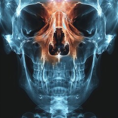 An X-ray of a skull with a glowing brain.