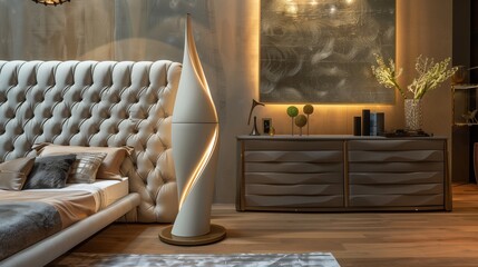 A bedroom with a luxurious, tufted headboard, a stylish dresser, and a modern, sculptural floor lamp
