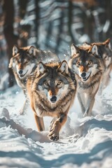 A pack of wolves runs through the snow, their intense gaze and swift movement captured from a low angle, emphasizing their strength and unity