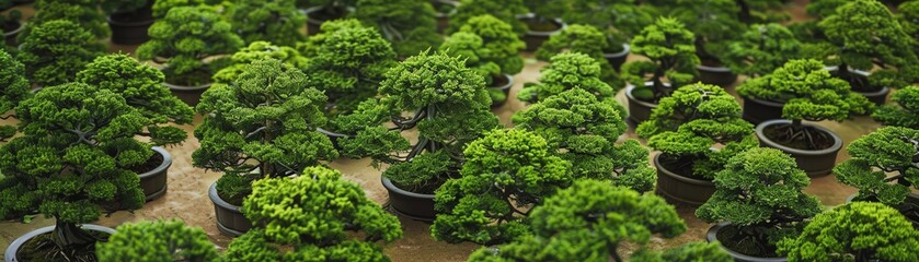 Aerial view of a bonsai exhibition, rows of perfectly pruned trees, vibrant green colors, organized and detailed