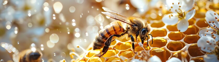 Naklejka premium Honeybees gather on a golden honeycomb, surrounded by white flowers and bathed in warm light, with pollen and droplets suspended in midair