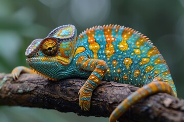 Obraz premium Jackson's Chameleon: Resting on a branch with horn-like protrusions and distinctive coloration.