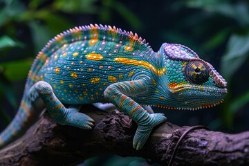 Fototapeta premium Jackson's Chameleon: Resting on a branch with horn-like protrusions and distinctive coloration.
