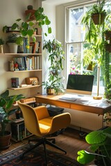 Fototapeta premium Home office with a natural wood desk, comfortable chair, and shelves filled with plants and books, all brightly lit by a window