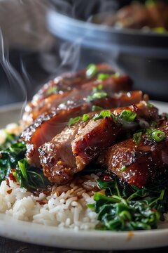 Glazed pork over rice, steam rising, vibrant greens, detailed savory texture