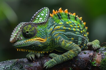 Obraz premium Jackson's Chameleon: Resting on a branch with horn-like protrusions and distinctive coloration.