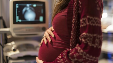 Pregnant woman at ultrasound, hand on belly, focus on sonogram screen in background, intimate and hopeful