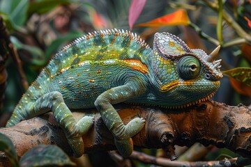 Obraz premium Jackson's Chameleon: Resting on a branch with horn-like protrusions and distinctive coloration.