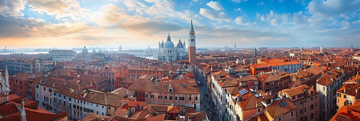 Landscape view over the red roofs of Venice, Italy seen from the Fondaco dei Tedeschi realistic...