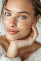 Woman with natural makeup, her hand resting on her cheek and a relaxed smile, highlighting her smooth complexion against a soft backdrop