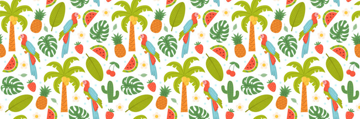 Summer seamless pattern with parrot, tropical plants and berries. Flat vector background