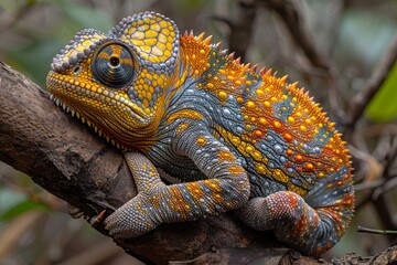 Fototapeta premium Jackson's Chameleon: Resting on a branch with horn-like protrusions and distinctive coloration.