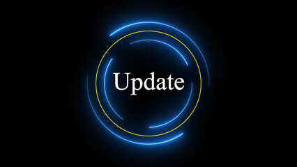 Neon circle with the word update in the center against dark background.