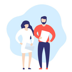 Obraz premium business people, girl with tablet and man with documents, flat characters