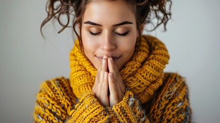 Peaceful Moment of Gratitude and Devotion Woman with Eyes Closed in Contemplative Pose