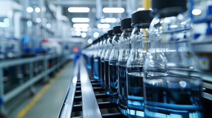 The industrial manufacturing facility is stocked with rows of chemical solution bottles, each one distinctively labeled and captured in selective focus