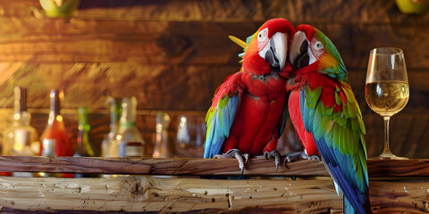 A pair of Scarlet Macaws in Their Habitat with wine glass and bottles on the dark wooden background.