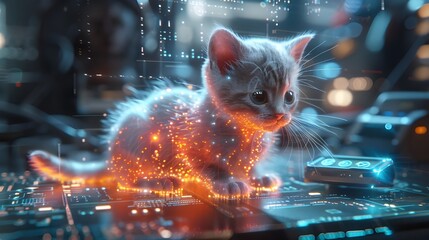 Hologram pet animal. Futuristic augmented reality holographic projection polygon cat. 3d unique digital art of wireframe kitten for modern home, advanced technology innovation, future human lifestyle.