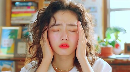 A woman massages her temples, trying to alleviate the headache caused by office syndrome, a result of hours spent in front of her laptop