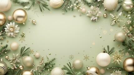 Elegant Christmas and New Year background with green and gold decorations on soft green backdrop with copy space.