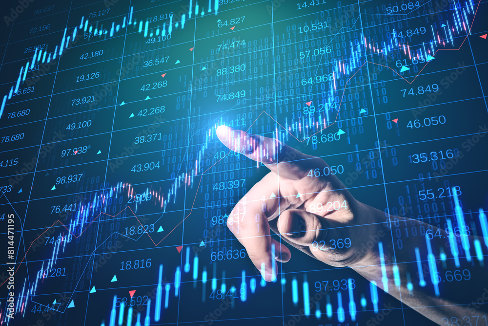 Poster close up of male finger pointing at creative candlestick forex chart with index on dark background. 