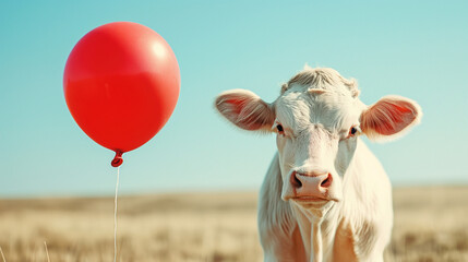 Close up of a white cow with red balloon, clear blue sky and field in background. Outdoor daylight. Animal photography concept.