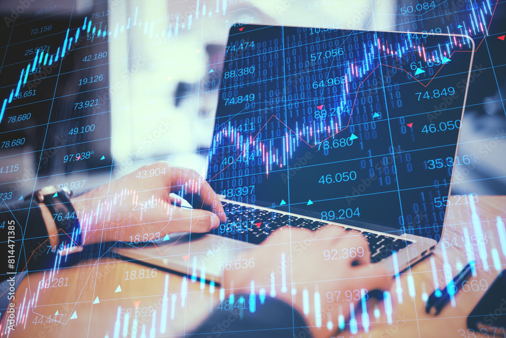 Aufkleber close up of businessman hands using laptop keyboard with creative candlestick forex chart with index