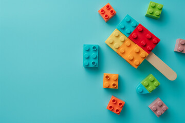 Creative popsicle made of multi coloured plastic pieces on light blue background. Copy space for text.